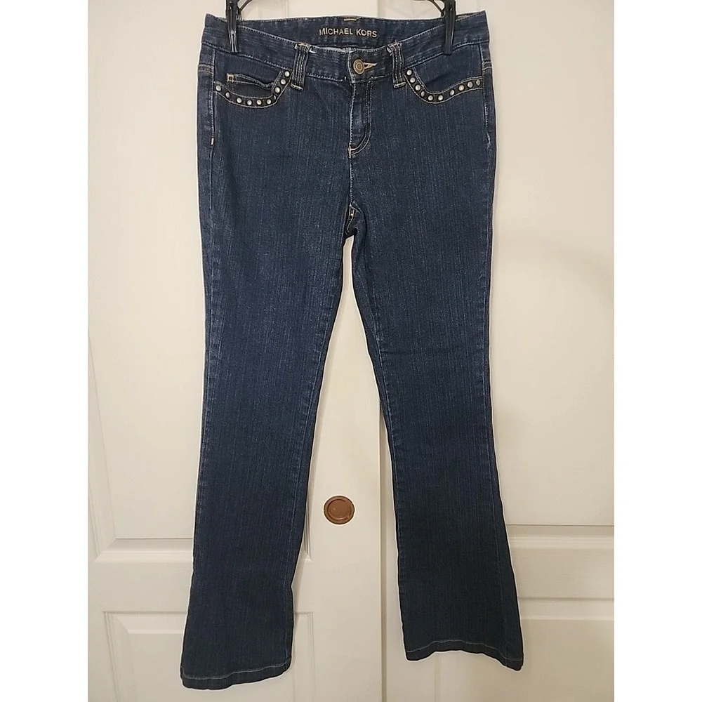 Michael Kors Womens Size 4 Dark Wash Bootcut Jeans Studded Pockets Stretch Denim